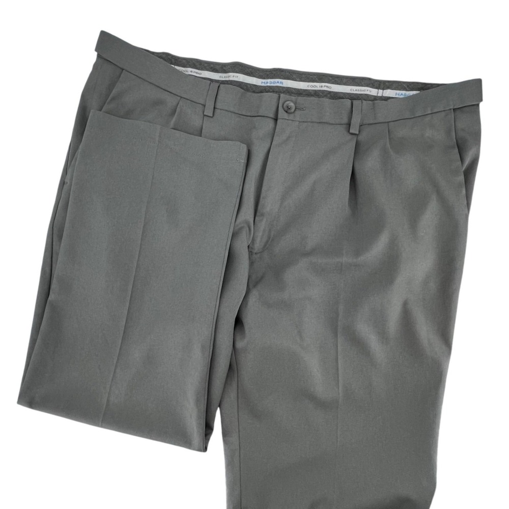Haggar Cool 18 Pro Pants Men 44x30 Grey Double Pleated Classic Fit Office